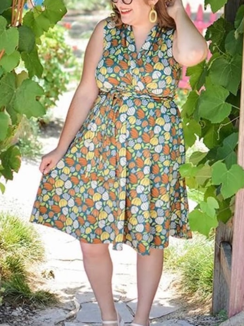 Karina Ruby Dress Meadow Green Orange Floral Print Sleeveless Faux Wrap XL